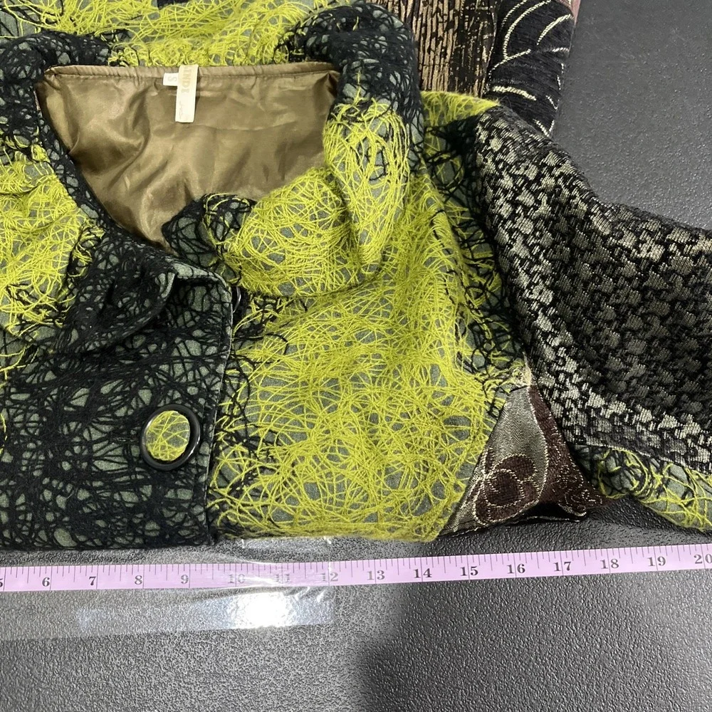 Lindi Jacket Womens S Green Black Silk Blend Art to Wear Patchwork Ruffle Cuff